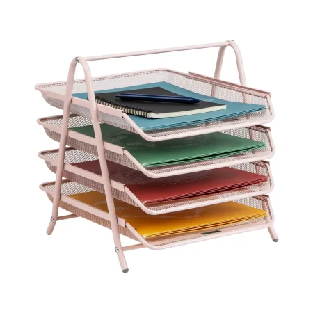4-Tier Paper Tray Desktop Organizer Metal Mesh Pink