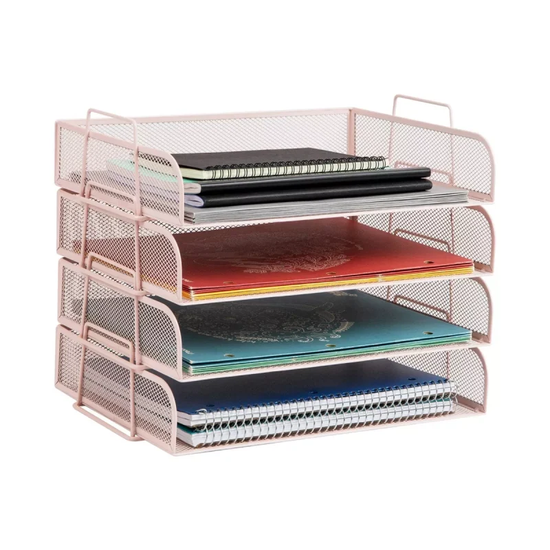 Stackable Paper Tray Metal Mesh Pink