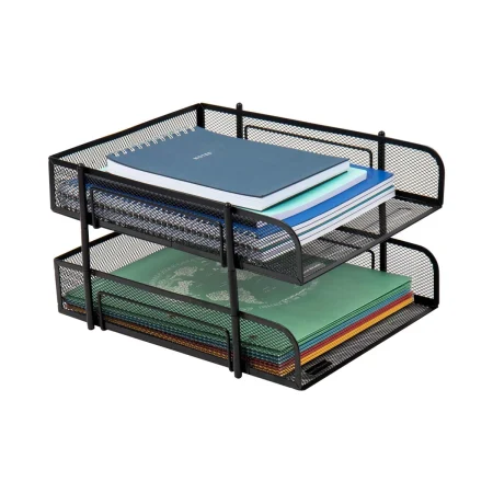 Stackable Paper Tray, Desktop Organizer, File Storage, Office, Metal Mesh, 10.5"L x 13.25"W x 7.5"H, 2 Pcs, Black